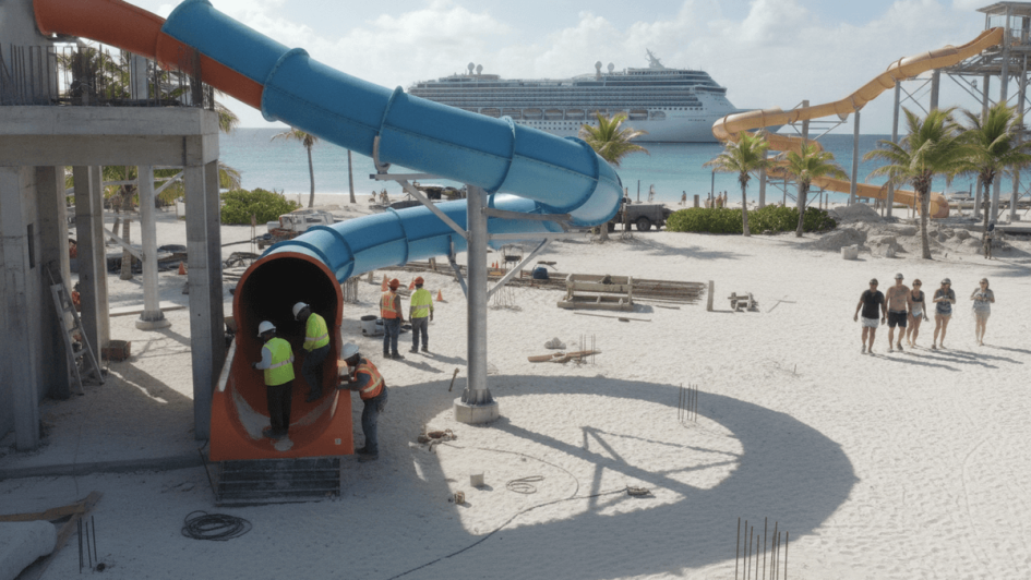 Construction workers in hard hats and vests assemble large water slides on a sunny beach, with a cruise ship anchored offshore.