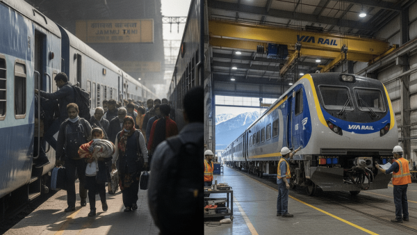 A diptych showing passengers boarding a Northern Railways train in India and engineers working on a VIA Rail Canada train.