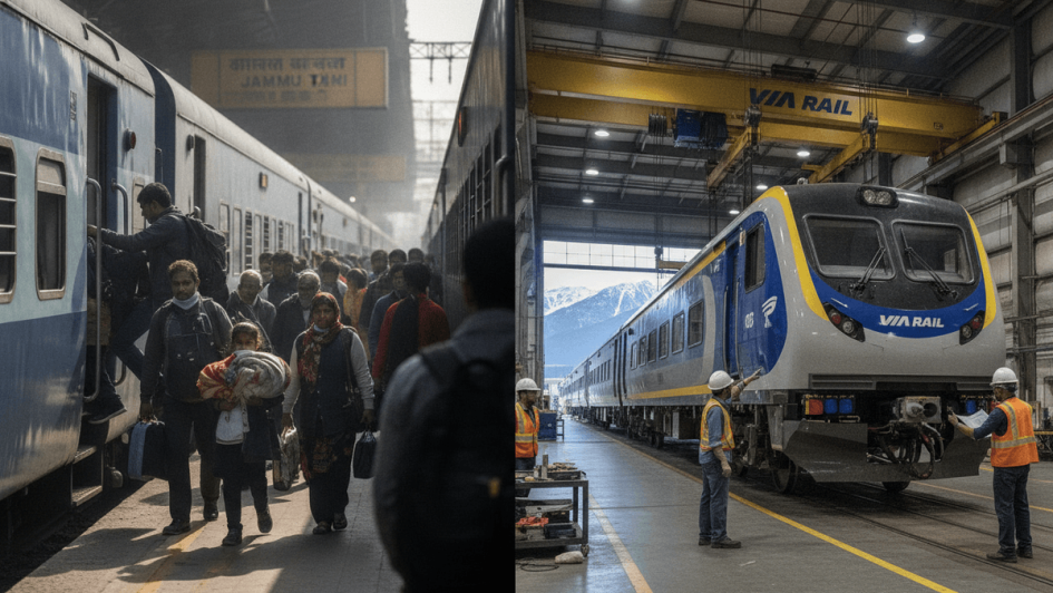 A diptych showing passengers boarding a Northern Railways train in India and engineers working on a VIA Rail Canada train.