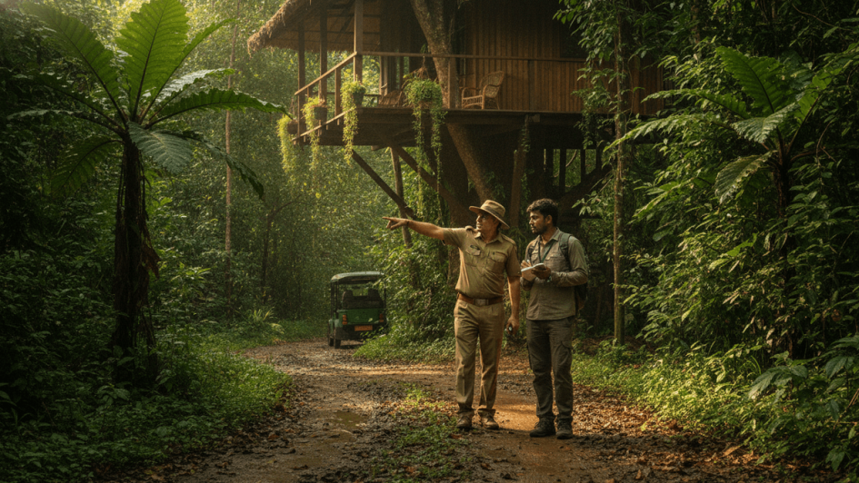 Two men, one a guide and another an eco-tourism specialist, on a muddy path in a dense, sun-dappled Indian jungle.