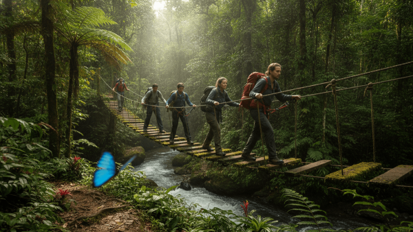 A group of hikers, wearing backpacks, carefully cross a wooden suspension bridge over a rushing river in a vibrant, sun-dappled rainforest.
