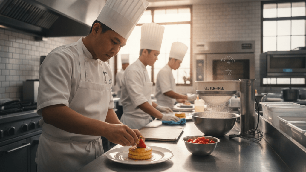 A chef carefully places a strawberry on a gluten-free pancake while a "Gluten-Free" sifter is used in the background.