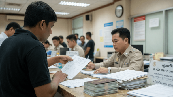 A traveler, seen from behind, hands documents to an immigration officer in a busy Thai office. Passports are stacked on the counter.