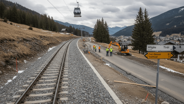 A group of construction workers and planners stand beside new railway tracks and a road, with a gondola overhead and mountains in the background.