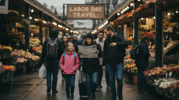 A family, including a young girl and two adults, navigate a lively market street, the adults holding an AAA map.