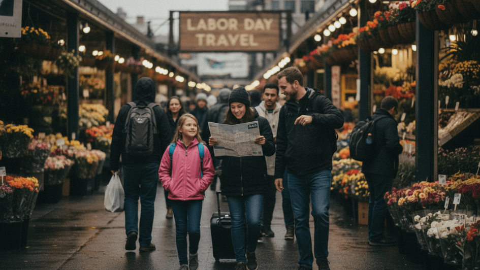 A family, including a young girl and two adults, navigate a lively market street, the adults holding an AAA map.