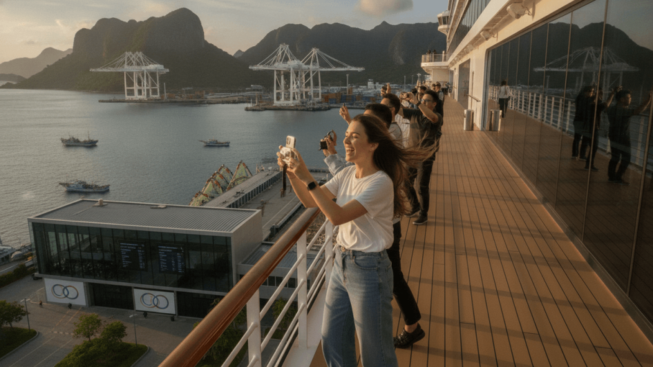 A group of travelers on a cruise ship deck are actively photographing a modern port terminal surrounded by lush mountains.