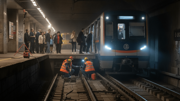 A subway train at a dimly lit station platform with passengers boarding, while two engineers in orange vests work on the tracks.