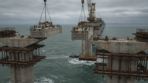 An aerial shot captures construction workers on massive concrete bridge towers extending across a choppy bay under an overcast sky.