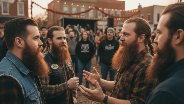 Four men with prominent beards engage in conversation outdoors, with a blurred crowd and buildings in the background.