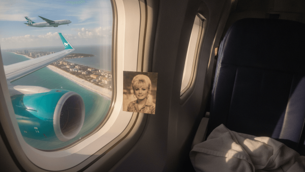 View from an airplane window showing a coastal city, a wing, and another plane. A vintage photo of Dolly Parton is taped to the window frame.