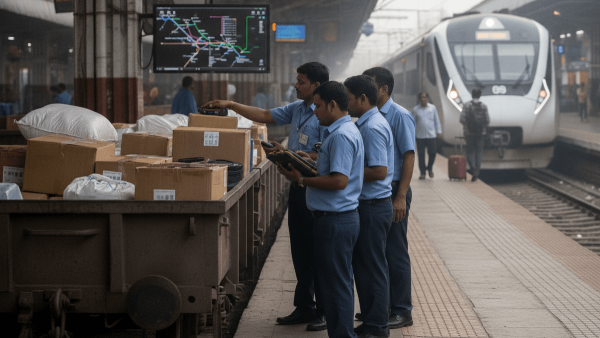 Four Indian Railways employees in blue uniforms handle packages on a cart at a train station platform. A modern white train approaches in the background.
