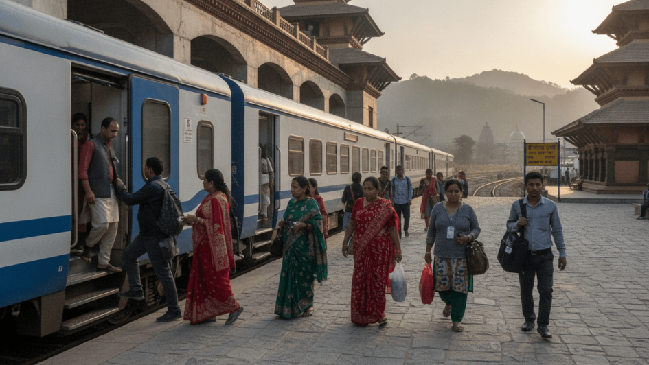A busy train station with people boarding and disembarking a blue and white train. Traditional South Asian architecture is visible in the background under a soft, golden sky.