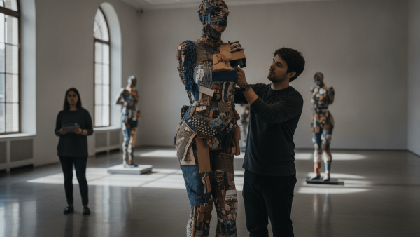A curator meticulously adjusts a towering, abstract mixed-media sculpture of a human form in a brightly lit museum gallery.