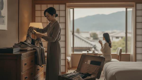 A woman, a hotel stylist, helps a guest choose clothes from a suitcase in a serene Japanese hotel room.