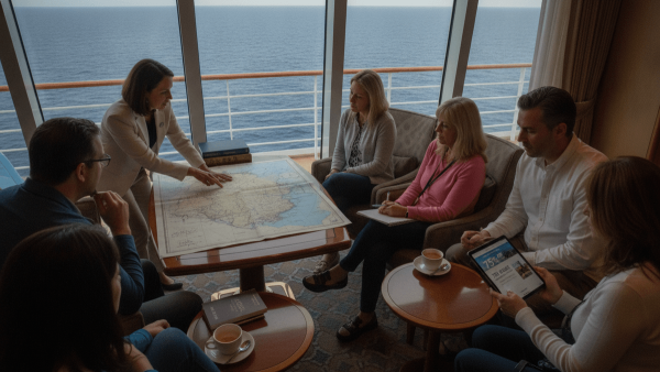 An expert points to a map on a table, engaging with four travelers seated in a lounge on a cruise ship, with the ocean visible outside.