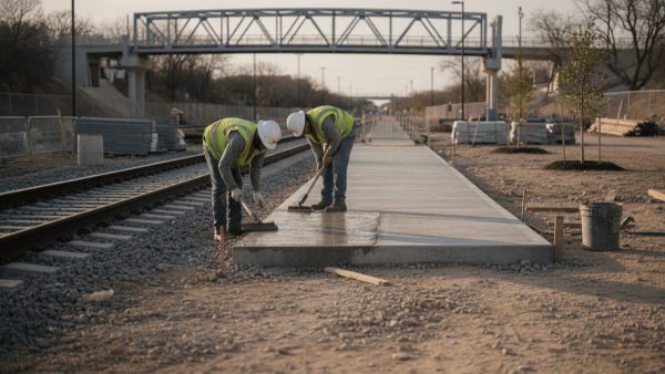 Two construction workers in hard hats and safety vests smooth fresh concrete for a station platform next to active rail tracks.