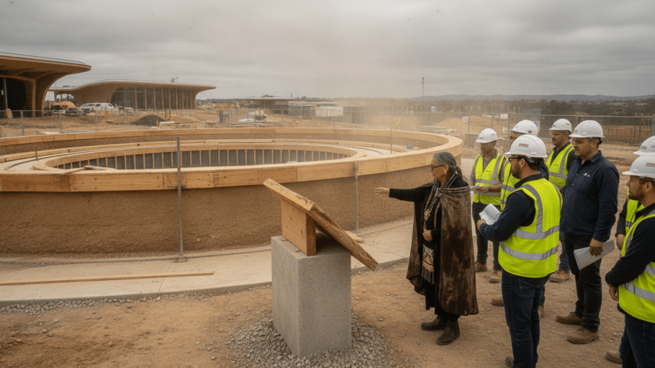 An Indigenous elder, cloaked, gestures towards the circular foundations of a building under construction, addressing a group of hard-hatted workers.