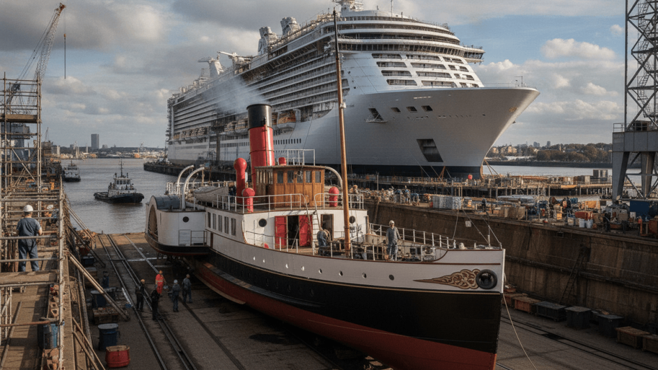 A wide shot shows the classic PS Waverley paddle steamer in dry dock with a massive, modern cruise ship behind it.