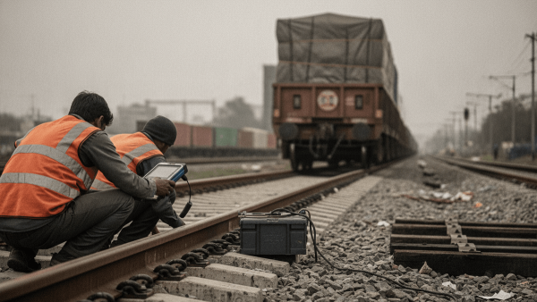 Two railway workers in orange vests crouch beside train tracks, operating an AI-based track monitoring system. A freight train is visible in the background.