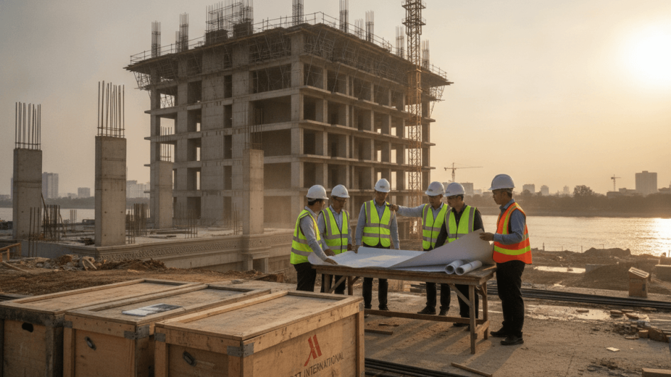 Five architects in hard hats and safety vests examine blueprints on a table at a construction site.