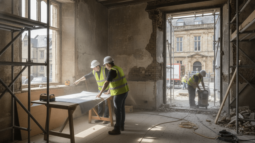 Two construction workers in hard hats and high-vis vests examine blueprints on a table in a dusty, partially demolished room.