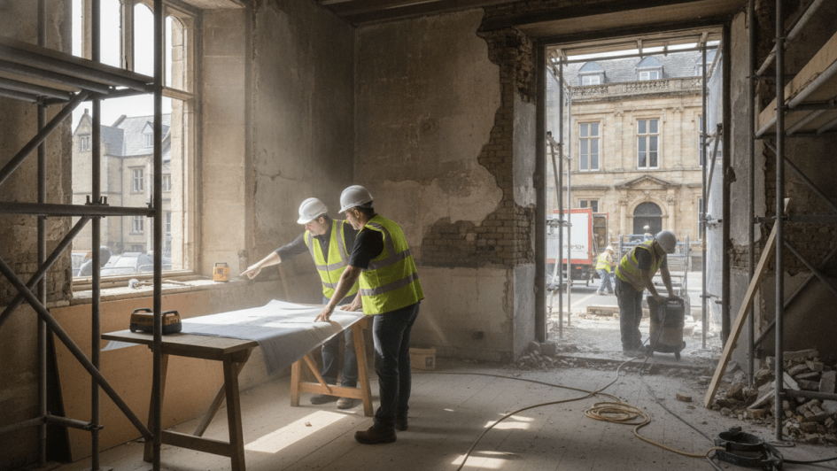 Two construction workers in hard hats and high-vis vests examine blueprints on a table in a dusty, partially demolished room.