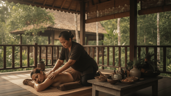 A masseuse giving a back massage to a client in a wooden pavilion surrounded by lush tropical greenery.