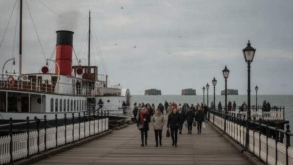 A paddle steamer docked at a pier, with people walking on the pier and three distant sea forts on the horizon.