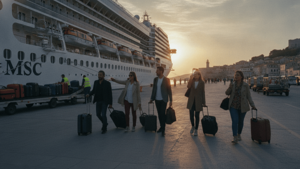 A group of five diverse travelers with rolling luggage walks away from a massive cruise ship docked at a port during sunset.