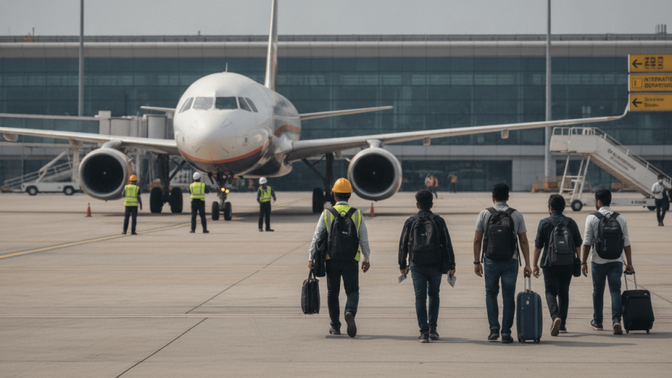 A group of five male passengers with backpacks and luggage walking across an airport tarmac towards a parked passenger plane.