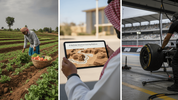 A triptych showing a farmer harvesting in Moyna, a person viewing Saudi's Al Rahhala platform on a tablet, and an F1 pit crew changing a tire.