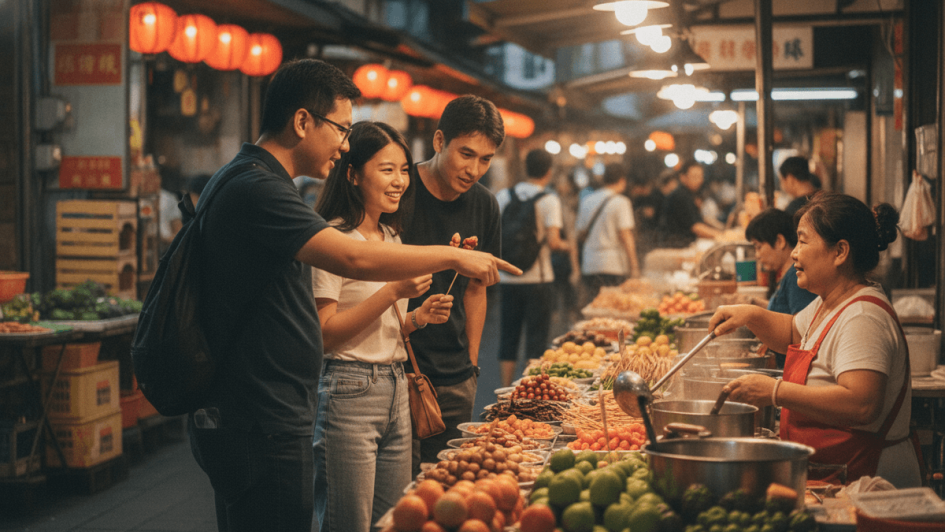 Three young tourists, two men and one woman, smile and point at food stalls in a bustling, lantern-lit Taiwanese night market.