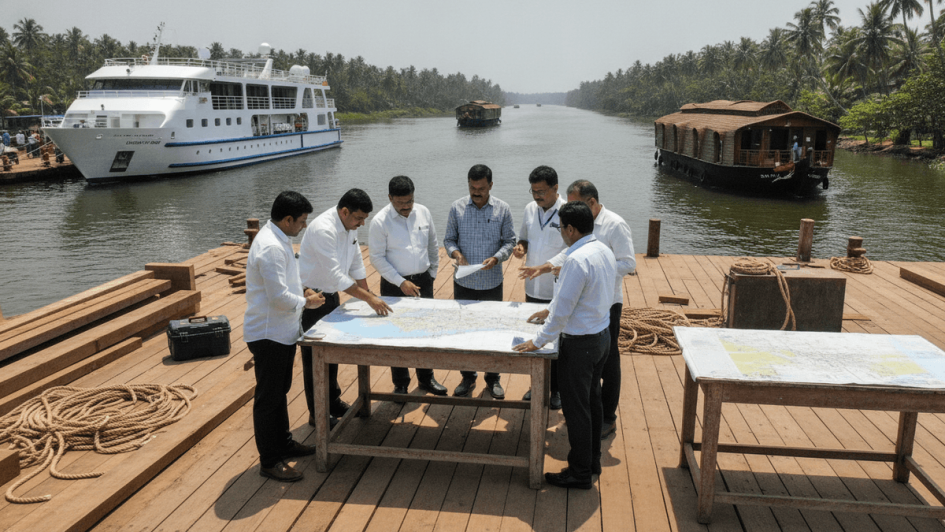 A group of men in collared shirts gathered around a large map on a wooden dock, with boats on a river.