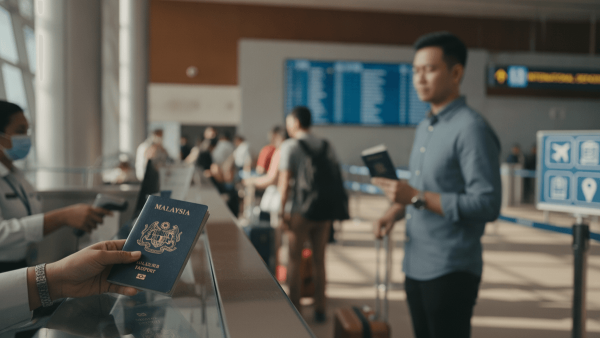 A hand presents a Malaysian passport to an unseen official at an airport counter, with travelers and departure boards in the blurred background.