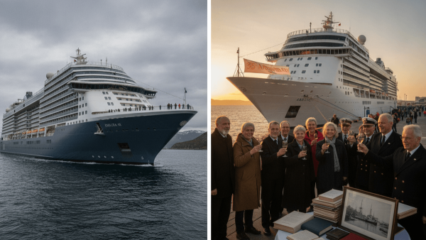 A split image. Left: A large luxury cruise ship, Explora III, sails through calm waters under a cloudy sky. Right: A cruise ship, the Ambience, docked at sunset, with a group of people raising toasts in the foreground.