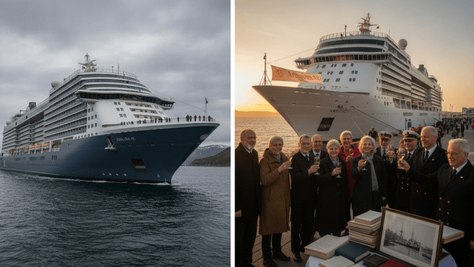 A split image. Left: A large luxury cruise ship, Explora III, sails through calm waters under a cloudy sky. Right: A cruise ship, the Ambience, docked at sunset, with a group of people raising toasts in the foreground.