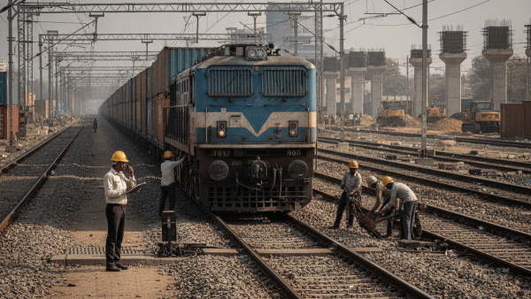 A blue and cream Indian Railways freight train stands on tracks with workers, construction of new railway lines and pillars visible.