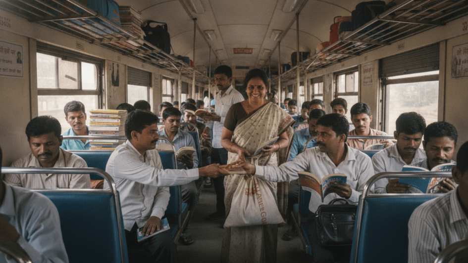 A woman in a sari hands a book to a male passenger on a crowded Indian train, while other passengers read.