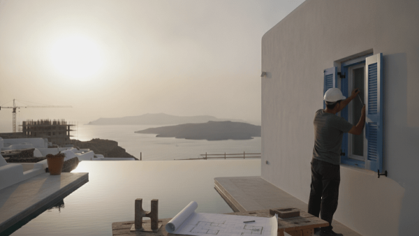 A construction worker in a hard hat installs blue shutters on a white building overlooking an infinity pool and the Aegean Sea.