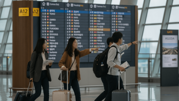 A group of blurred individuals with luggage in an airport, looking at a departure board displaying Japanese cities.