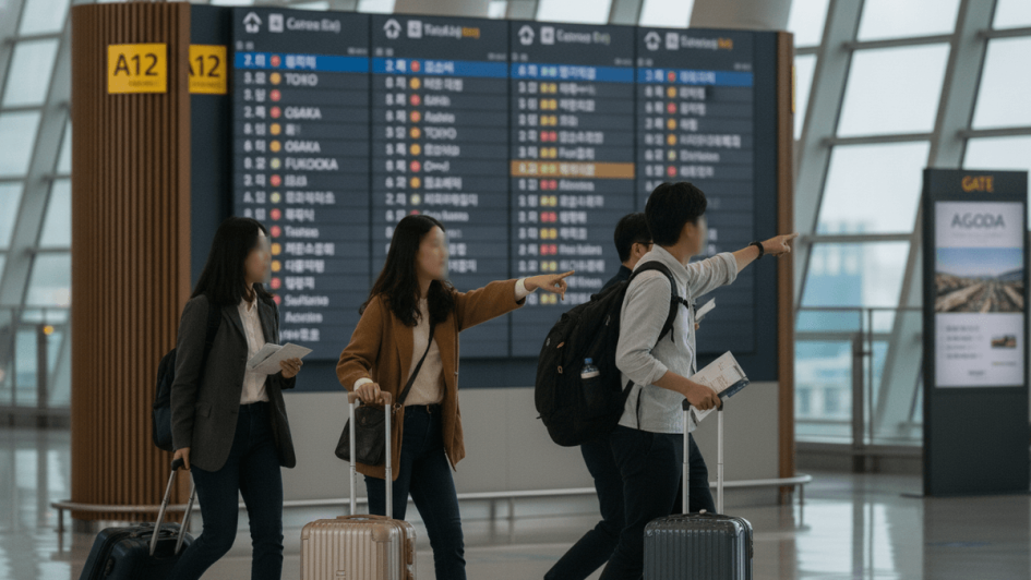 A group of blurred individuals with luggage in an airport, looking at a departure board displaying Japanese cities.