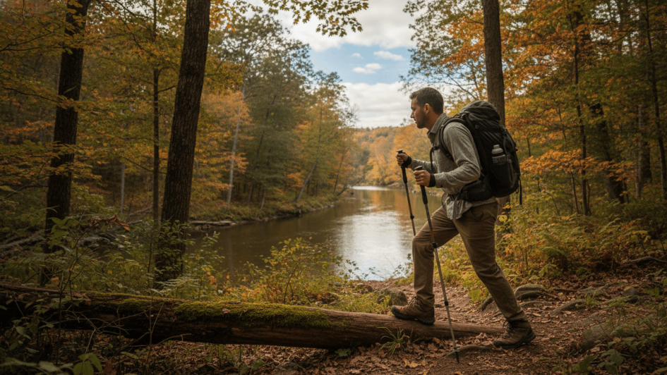A male hiker with a backpack and trekking poles carefully stepping over a moss-covered fallen log next to a calm river.