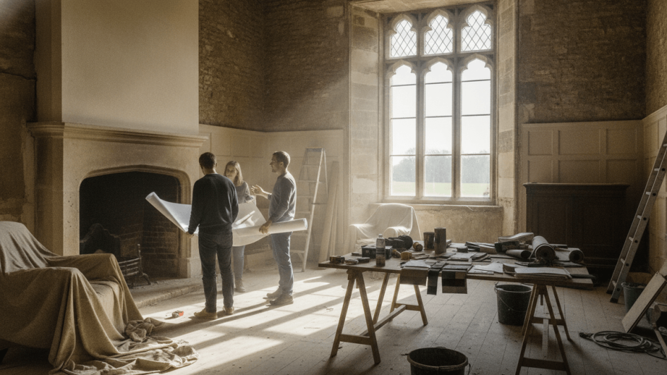 Three people stand in a large, sunlit room of an old manor, reviewing architectural plans. The room is under renovation.