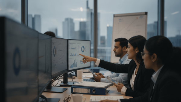 Three professionals in an office, two women and one man, focused on computer screens displaying charts and data.