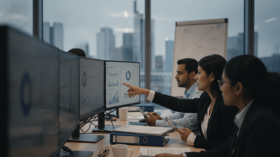 Three professionals in an office, two women and one man, focused on computer screens displaying charts and data.