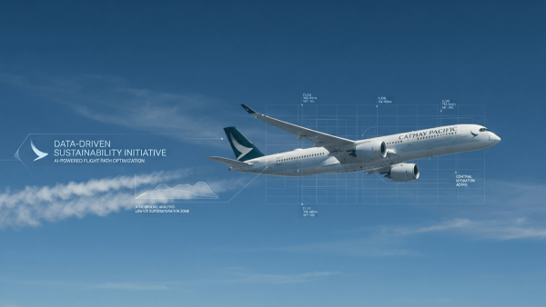 A Cathay Pacific airplane in flight against a sky with a contrail and digital data overlays.