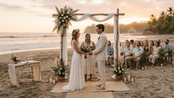 A couple stands at a wedding ceremony on a beach with floral arrangements and a table setting at sunset.