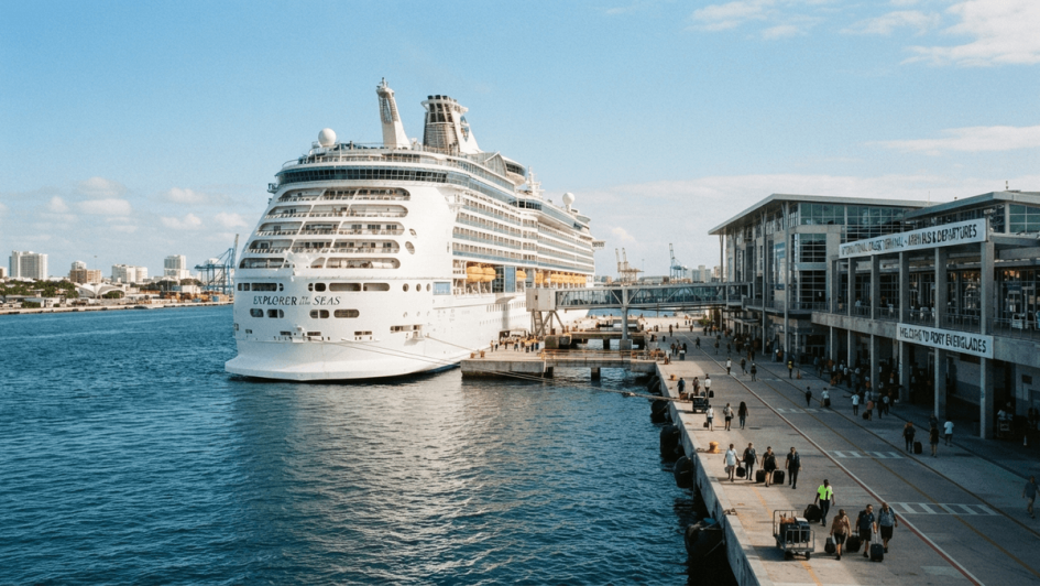 A large white cruise ship is docked at a modern concrete port terminal with a clear blue sky in the background.