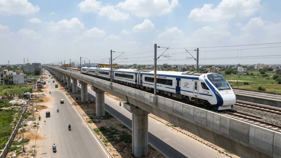 A train moves along a rail track in India, showing infrastructure development.